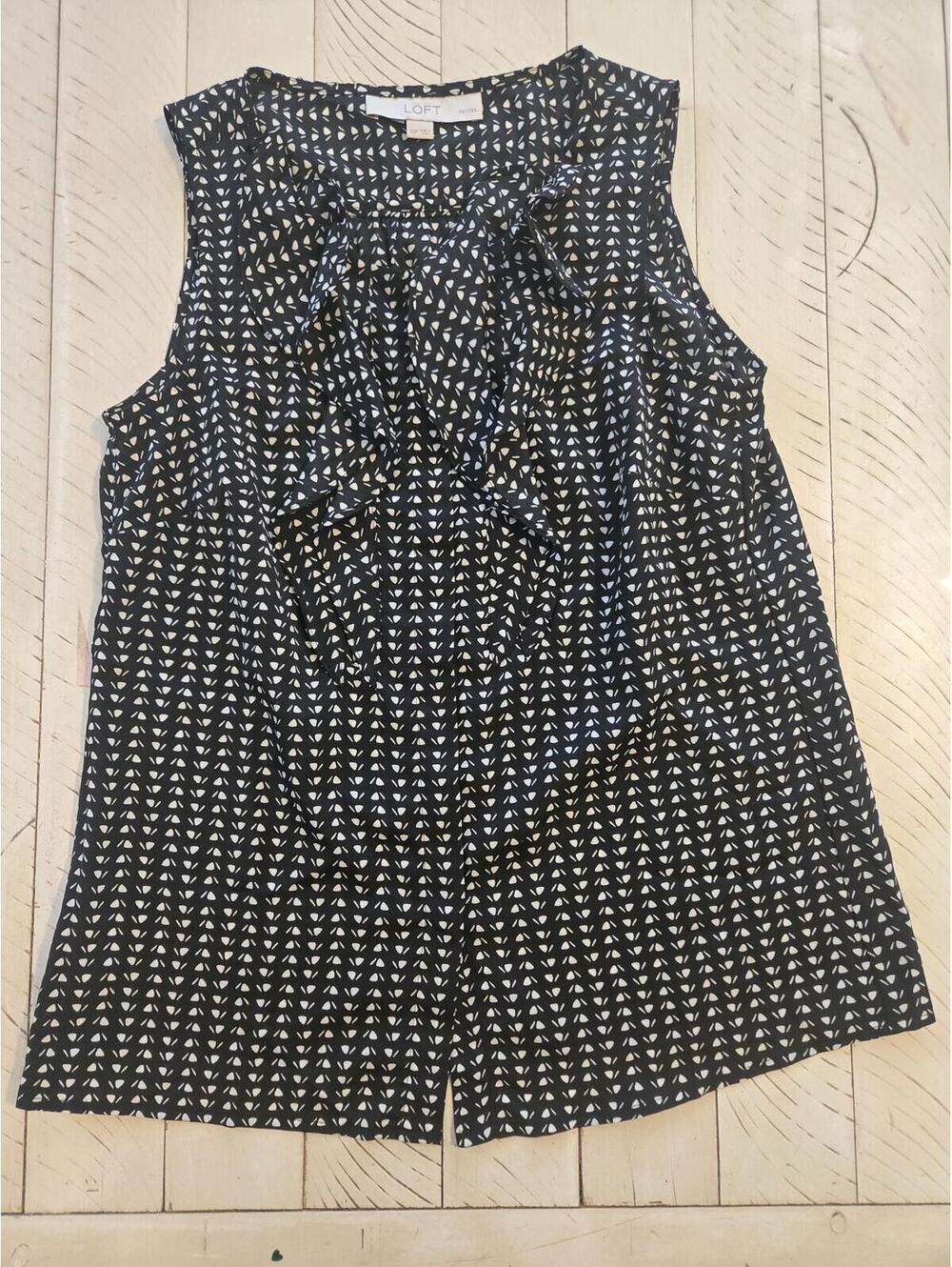 LOFT Petite Sleeveless Black and White Patterned Blouse with Bow Tie Neck
